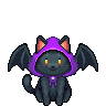 An exotic black cat with bat wings and a purple hood