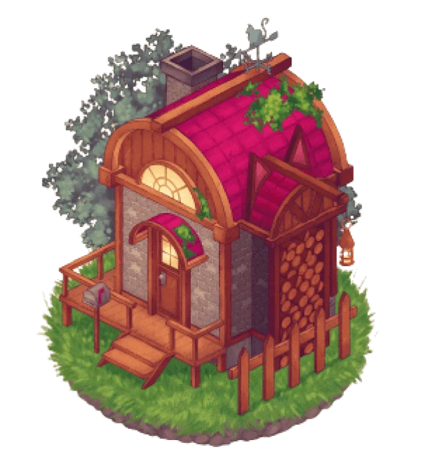 A pixel-art cottage with a pink roof, a porch and a mailbox